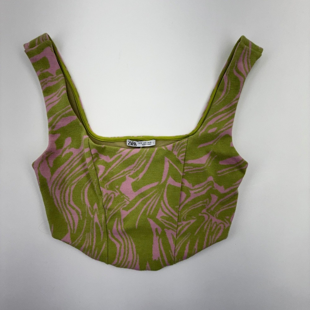 Zara Green Pink Swirl Knit Corset Crop Top Square Neck Sleeveless Medium